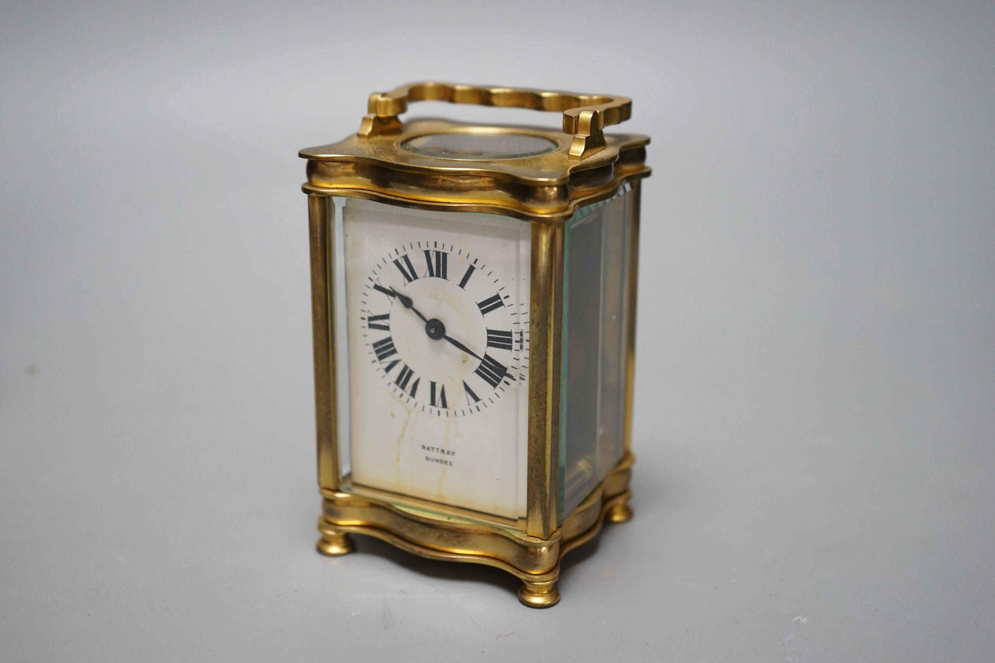 A leather cased brass carriage timepiece, Rattray, Dundee, 11cms high